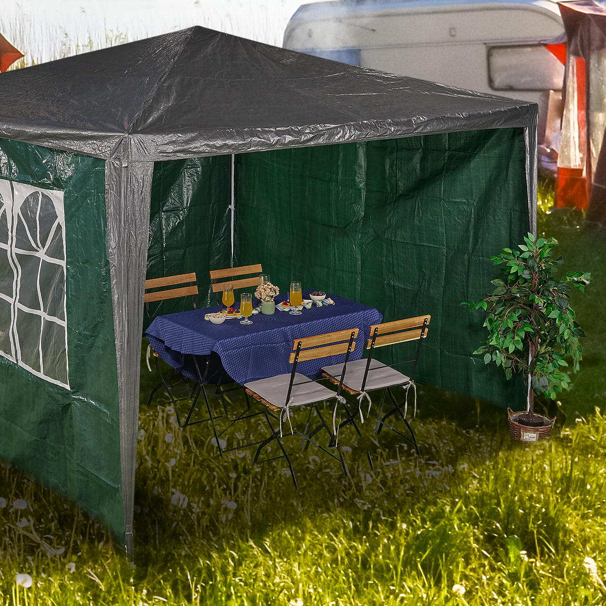 3xPAVILLON-SEITENTEILE - Dunkelgrün, Kunststoff (300/200/0.1cm) - Relaxdays