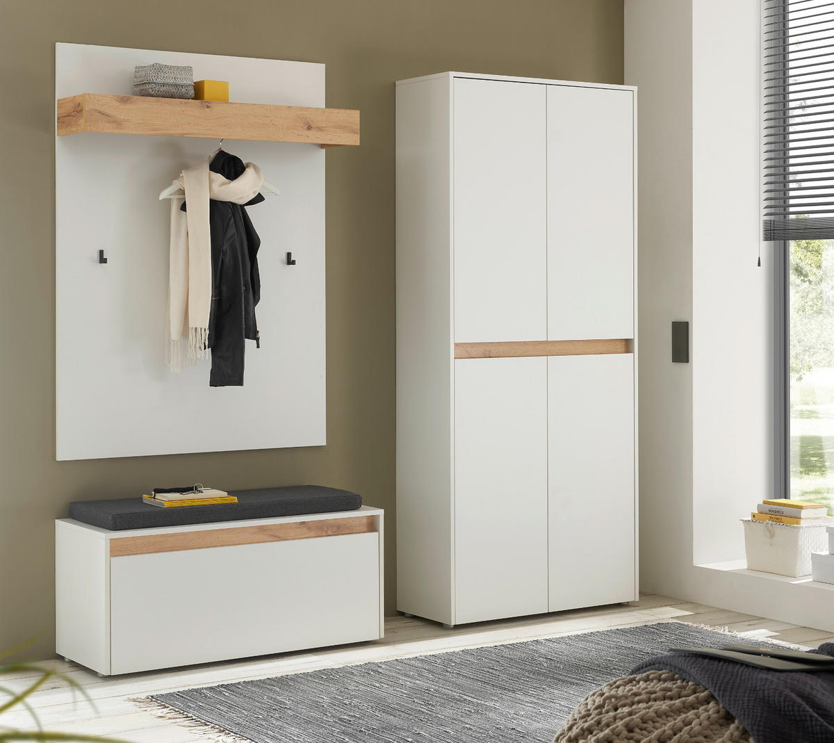 GARDEROBEN-SET weiß matt, Eiche Wotan 195 cm 4-teilig, Garderobenkombination mit viel Stauraum - Eiche Wotan/Schwarz, Holzwerkstoff/Kunststoff (195/200/40cm) - Furn.Design