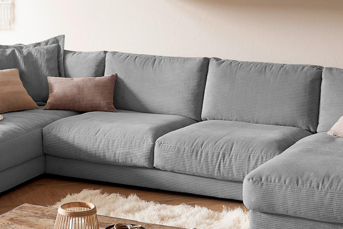 WOHNLANDSCHAFT MADELINE Grau Cord - Schwarz/Grau, Kunststoff/Textil (425/86/224cm) - KAWOLA