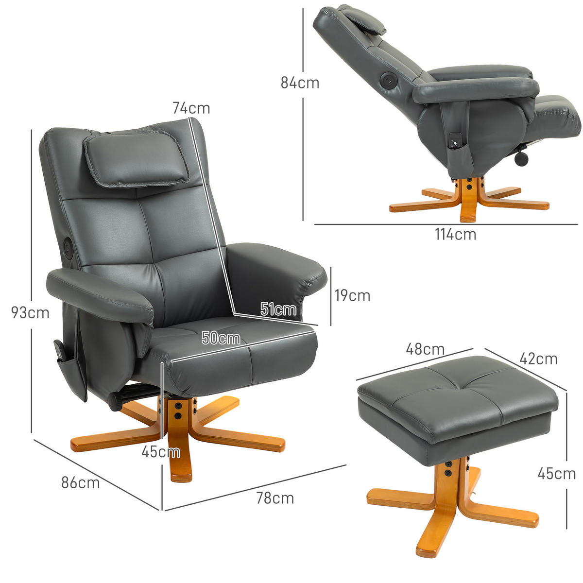 RELAXSESSEL Massagesessel mit Hocker Fernsehsessel mit Liegefunktion Dunkelgrau - Dunkelgrau, Leder (86/93/78cm) - HOMCOM