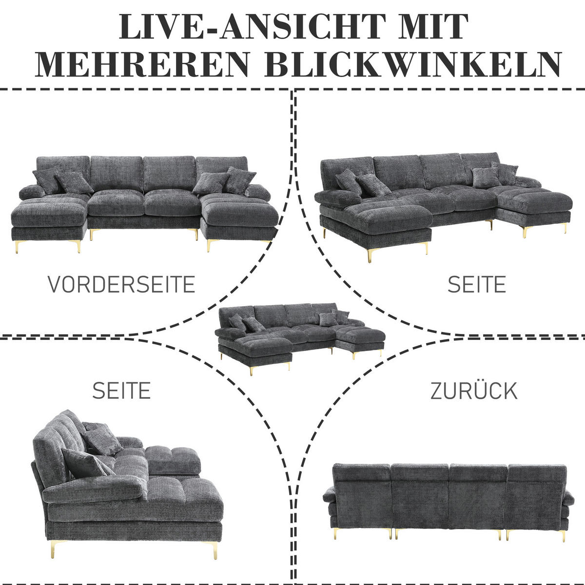 WOHNLANDSCHAFT Chenille Grau mit 2 Liegeflächen und Kissen - Grau, Holzwerkstoff/Textil (272/88/136cm) - WISHDOR