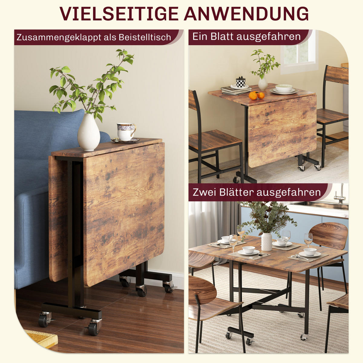ESSTISCH 120/80/73 cm klappbar mit 6 Rollen und Bremsen, platzsparend, Holz, Rustikales Braun - Braun, Holz (120/80/73cm) - Redom