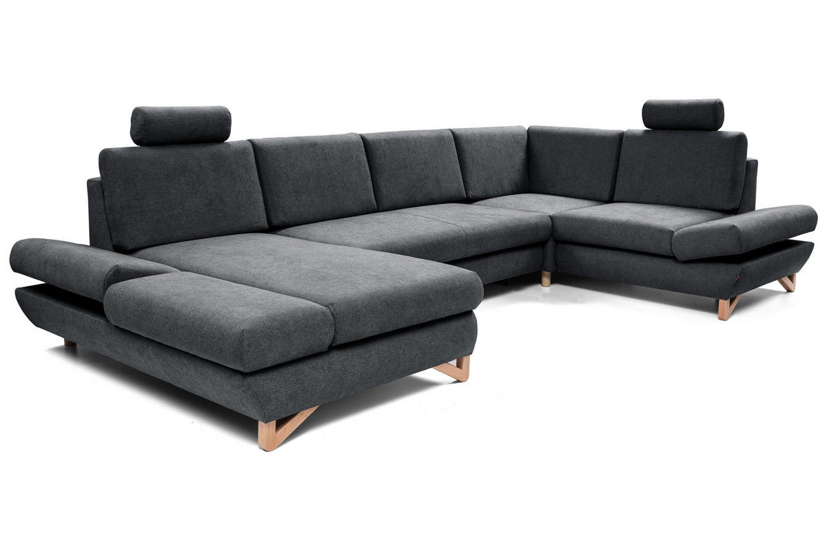 WOHNLANDSCHAFT CASA IV R-S Anthrazit Plüsch-Stoff mit Schlaffunktion - Anthrazit, Holz (344/100/199cm) - MASSENO