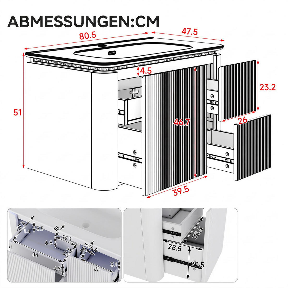 WASCHTISCHKOMBI 80.5/47.5/51 cm Grün mit LED und 3 Schubladen, ohne Wasserhahn - Grün, Holz/Holzwerkstoff (47.05/51/80.5cm) - Oxeza