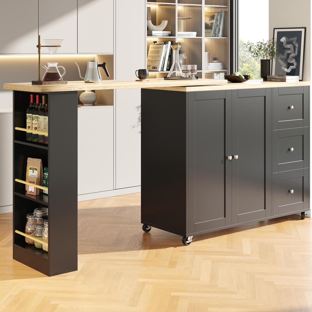 KÜCHENINSEL 135-203/39/106 cm drehbar auf Rollen mit 3 Schubladen und Snackregal, Schwarz - Schwarz, Holzwerkstoff (203/106/39cm) - Redom