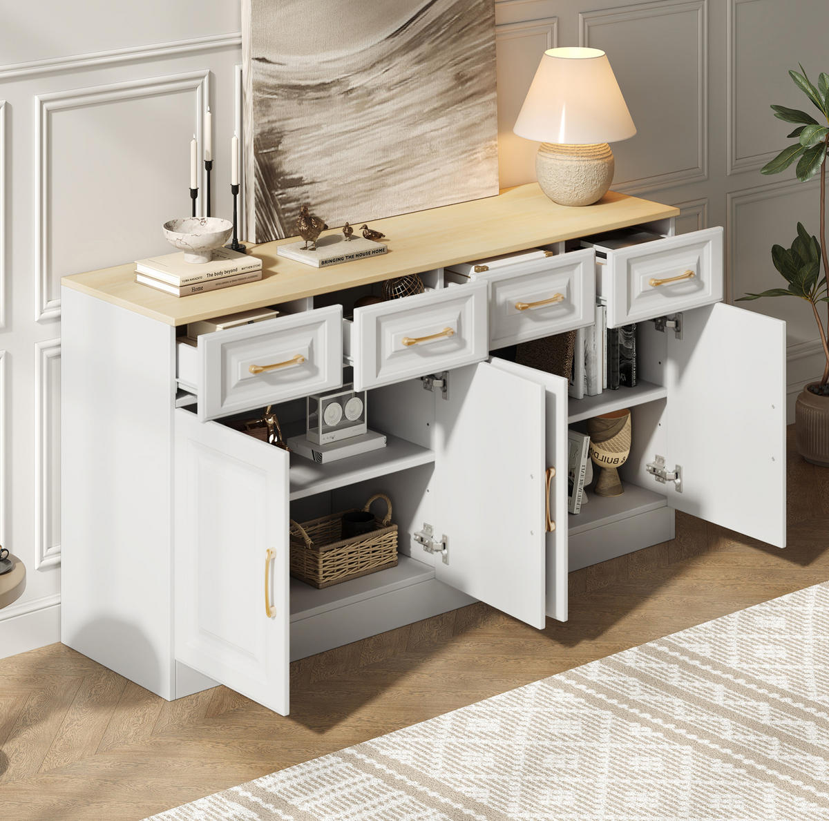 SIDEBOARD 140/40/75 cm mit 4 Schubladen, 4 Türen und verstellbaren Einlegeböden, Weiß/Eiche - Weiß, Holzwerkstoff (140/75/40cm) - Redom