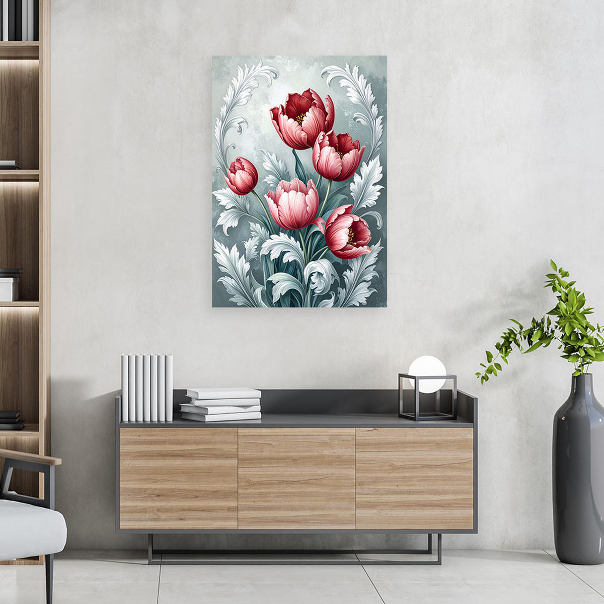 BILDER, Rote Tulpenblüten auf grauem Hintergrund - Rot, Textil (20/30cm) - Feeby