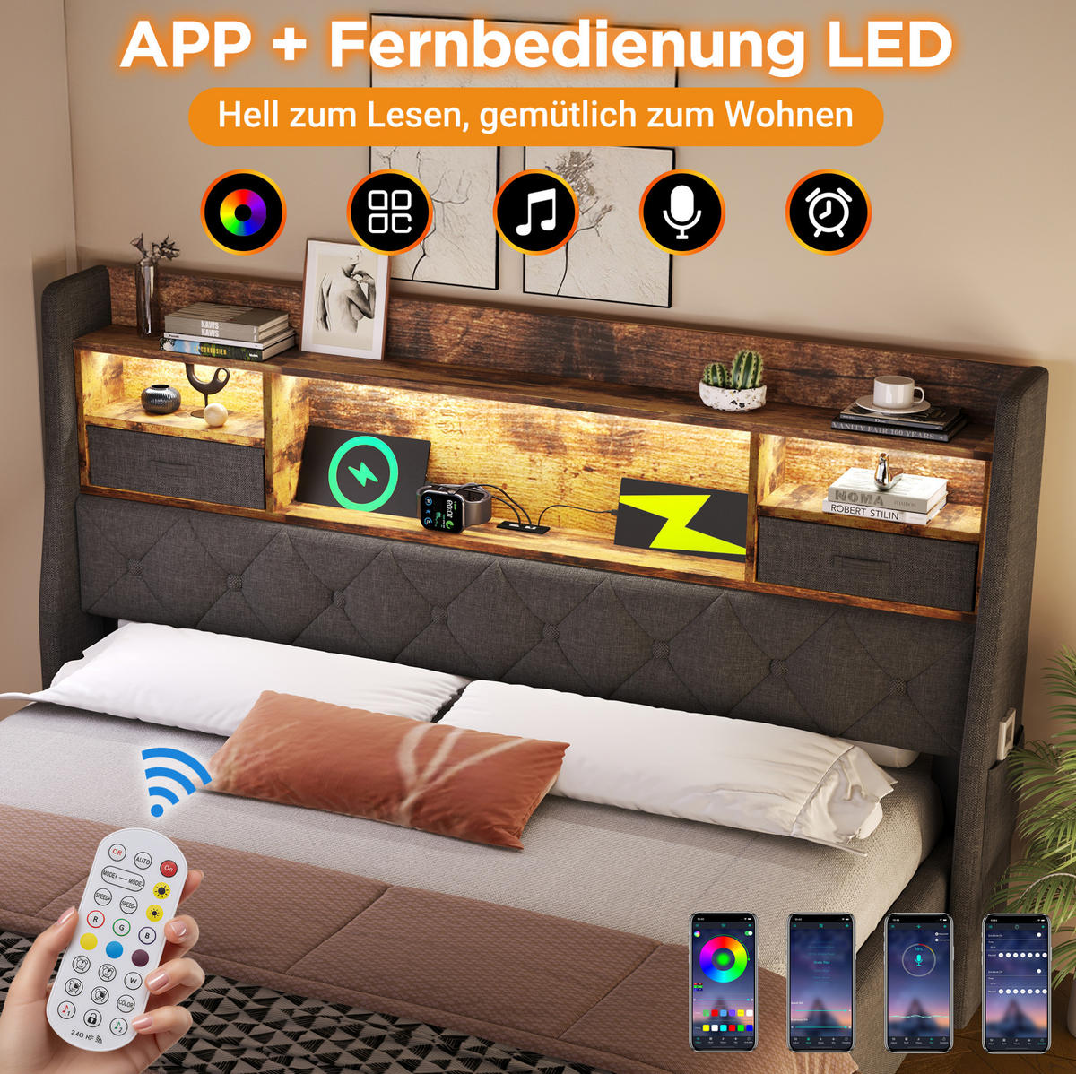 POLSTERBETT 140/200 cm mit LED-Beleuchtung, Ladestation und hydraulischem Stauraum und Matratze, Grau - Grau, Textil (140/200cm) - Redom