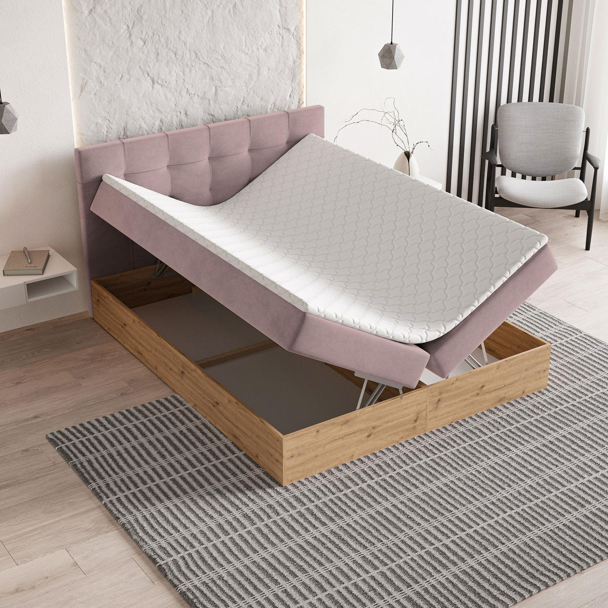 BOXBETT MOLVEN 160x200 cm mit Matratze und Topper - Rosa - Rosa, Holz (160/200cm) - MASSENO