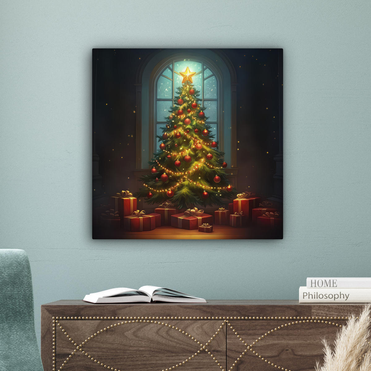 LEINWANDBILD Weihnachtsbaum - Geschenk - Winter Wandbild Wohnzimmer 50x50 cm - Grün, Textil (50/50cm) - MuchoWow