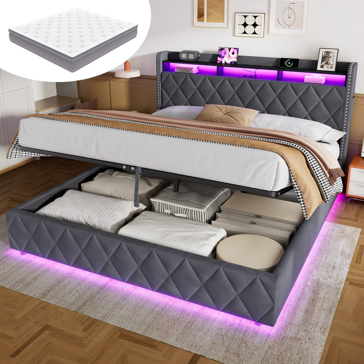 POLSTERBETT 180×200 mit LED-Beleuchtung, Bettkasten und Matratze - Grau, Holzwerkstoff/Textil (180/200cm) - EVRYAE