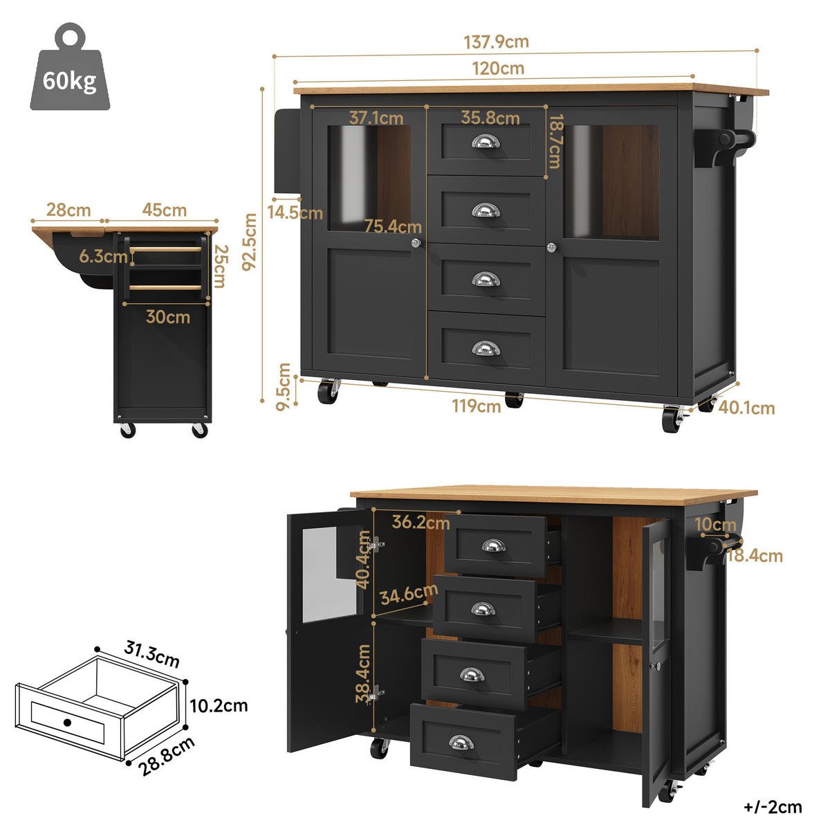 KÜCHENINSEL 137,9/92,5/73 cm Schwarz aus MDF und Metall mit Klapptisch - Schwarz, Holzwerkstoff (73/92.5/137.9cm) - OKMYHOME