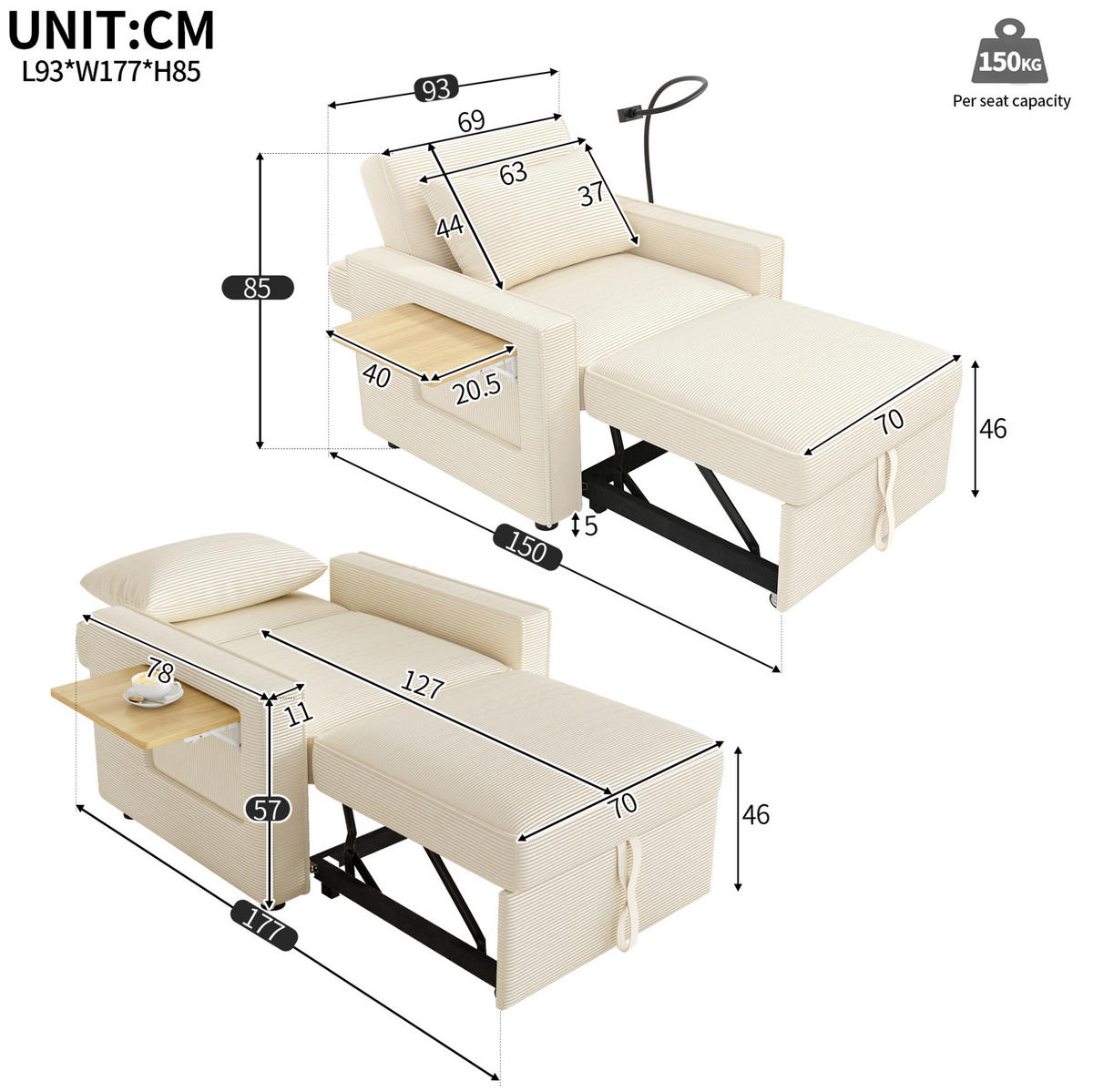 SCHLAFSOFA 1-Sitzer, Cord mit USB-Anschluss & Beistelltisch, 93/150/85 cm, Beige - Beige, Textil (93/85/150cm) - Redom