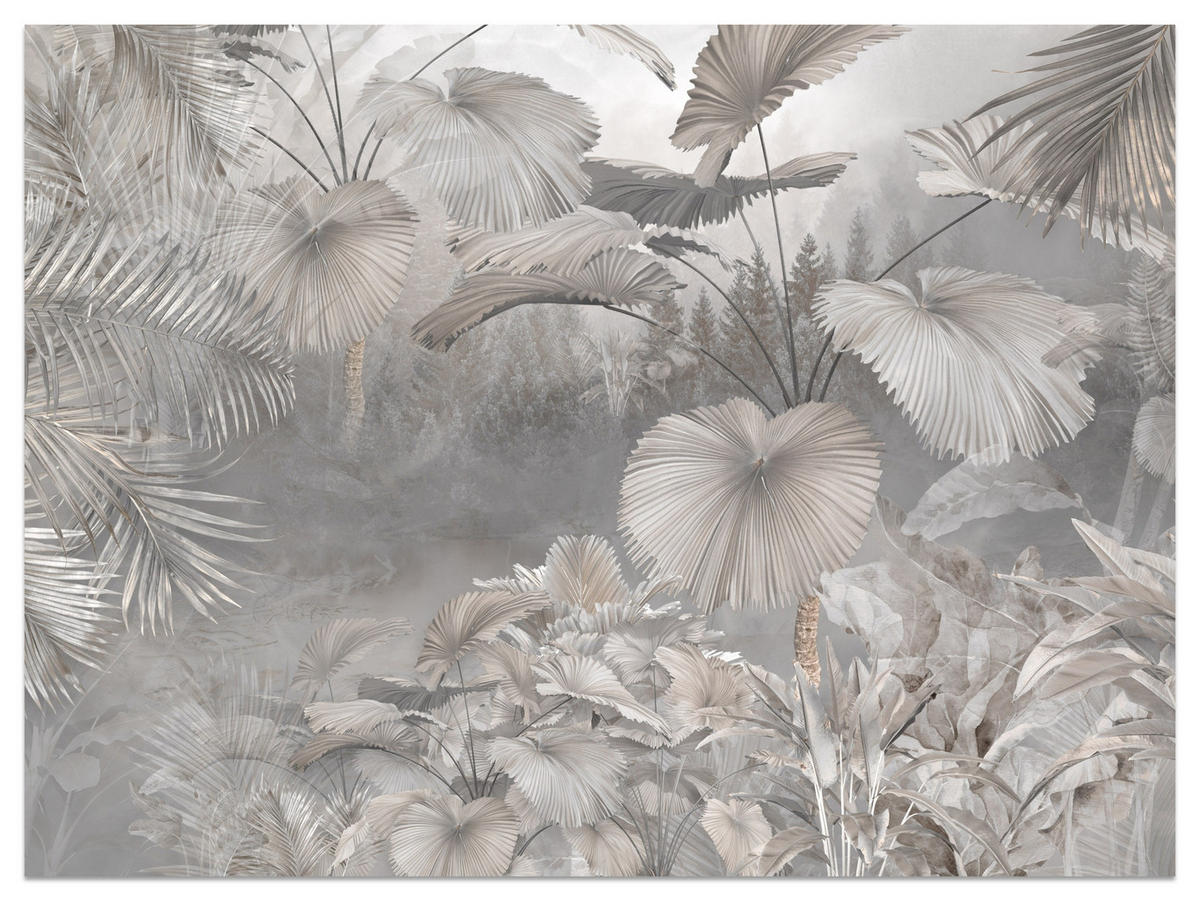 FOTOTAPETE für Wohnzimmer Tropische Blätter Dschungel Palmen Grau 300x210 - Beige/Grau, Papier (300/210cm) - Muralo