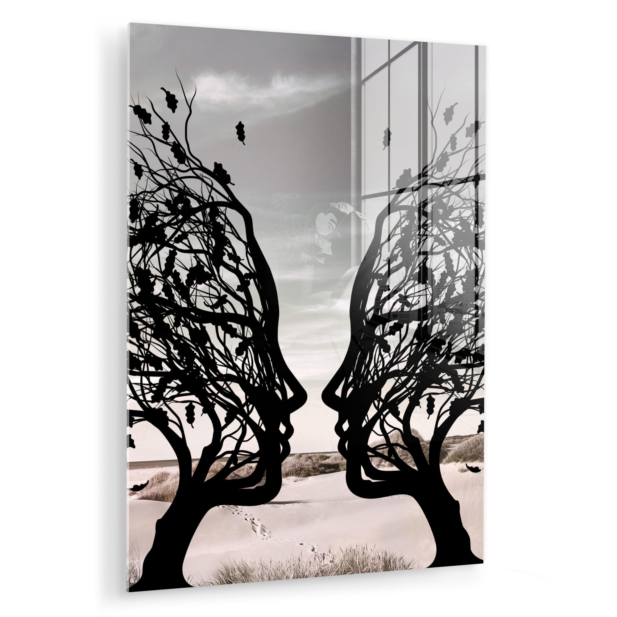 ACRYLGLASBILD Strand - Meer - Menschen - Baum - Moderne Kunst 60x80 cm - Hellgrau, Glas (60/80cm) - MuchoWow