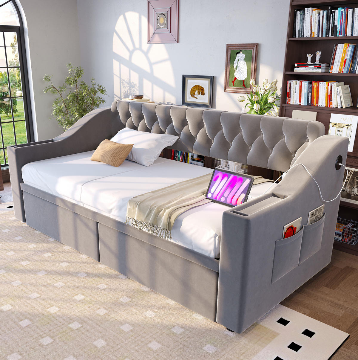 POLSTERBETT 90/190 cm aus Samt mit Stauraum und USB- und Type-C-Anschlüssen - Hellgrau, Textil (90/190cm) - Flora Grace