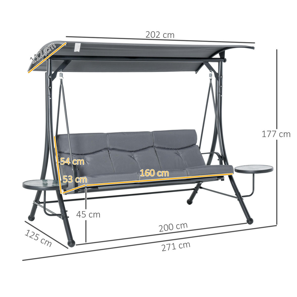HOLLYWOODSCHAUKEL aus Stahl 271 x 125 x 177 cm in Grau mit verstellbarem Sonnendach - Grau, Metall (125/177/271cm) - Modfu