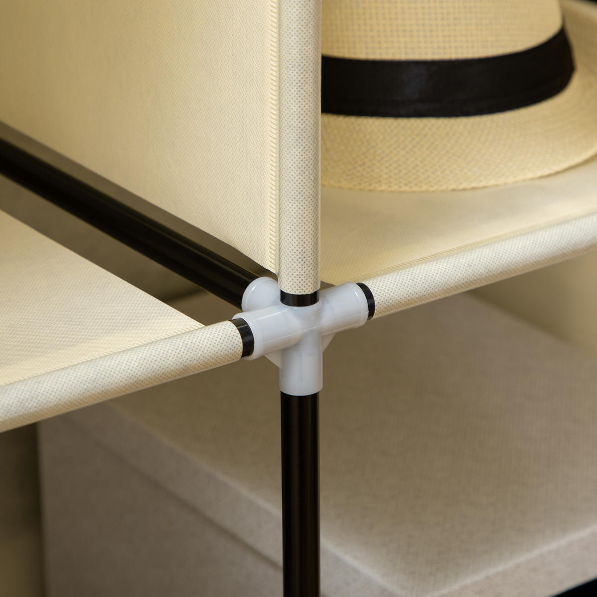 STOFFSCHRANK mit 8 Regalen und 2 Kleiderstangen, praktische Aufbewahrungslösung für Kleidung, Cremeweiß - Creme, Metall (125/162.5/43cm)