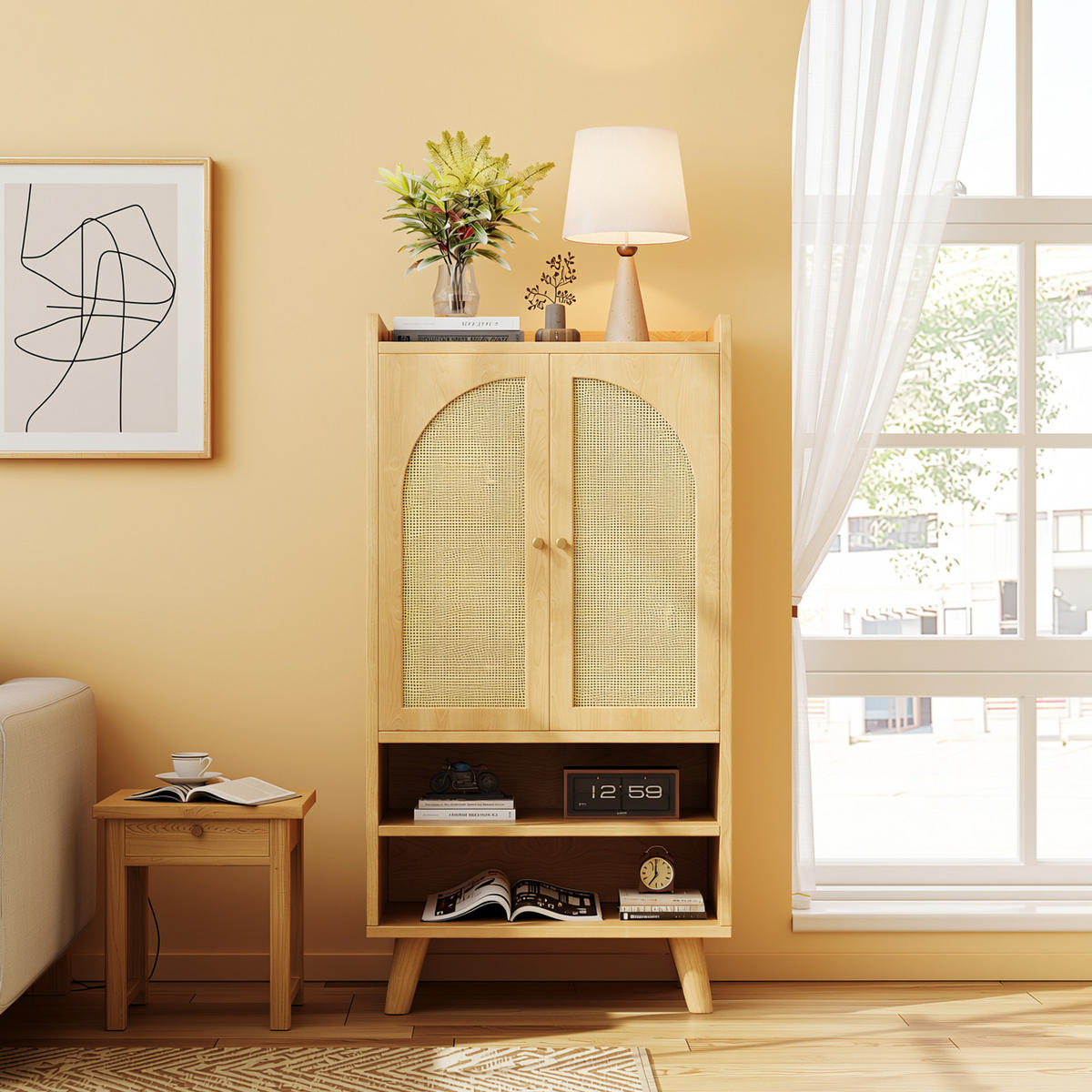 SCHUHREGAL 60 cm Naturholz mit Rattantüren mit offenen Fächern im Boho-Stil - Naturfarben, Holzwerkstoff (60/121/40cm) - Urban Meuble