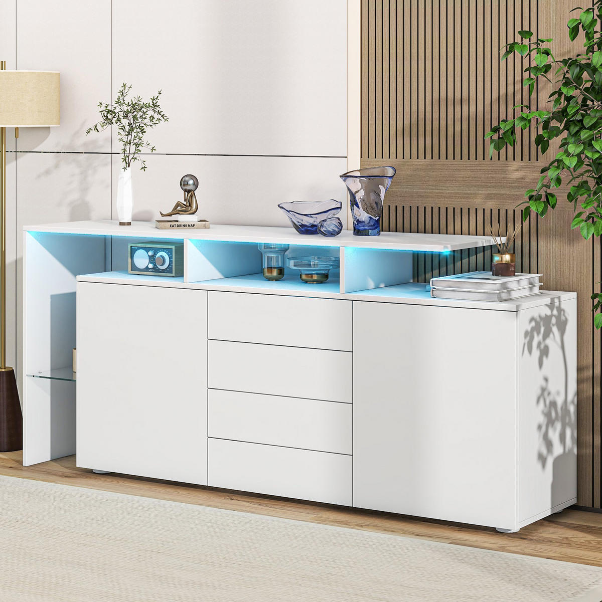 SIDEBOARD mit LED 160 cm Weiß Hochglanz - Weiß, Holzwerkstoff (160/70/35cm) - Meubliv