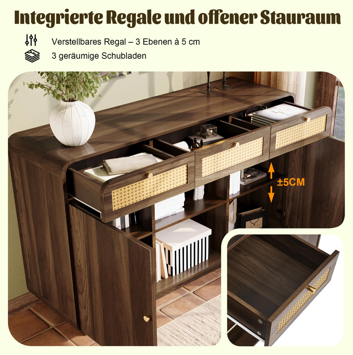 SIDEBOARD Kommode 120/40/85 cm – Rattanfronten, 3 Schubladen, 2 Türen, Nussbaum - Walnussfarben, Holzwerkstoff (120/85/40cm) - Modenvie