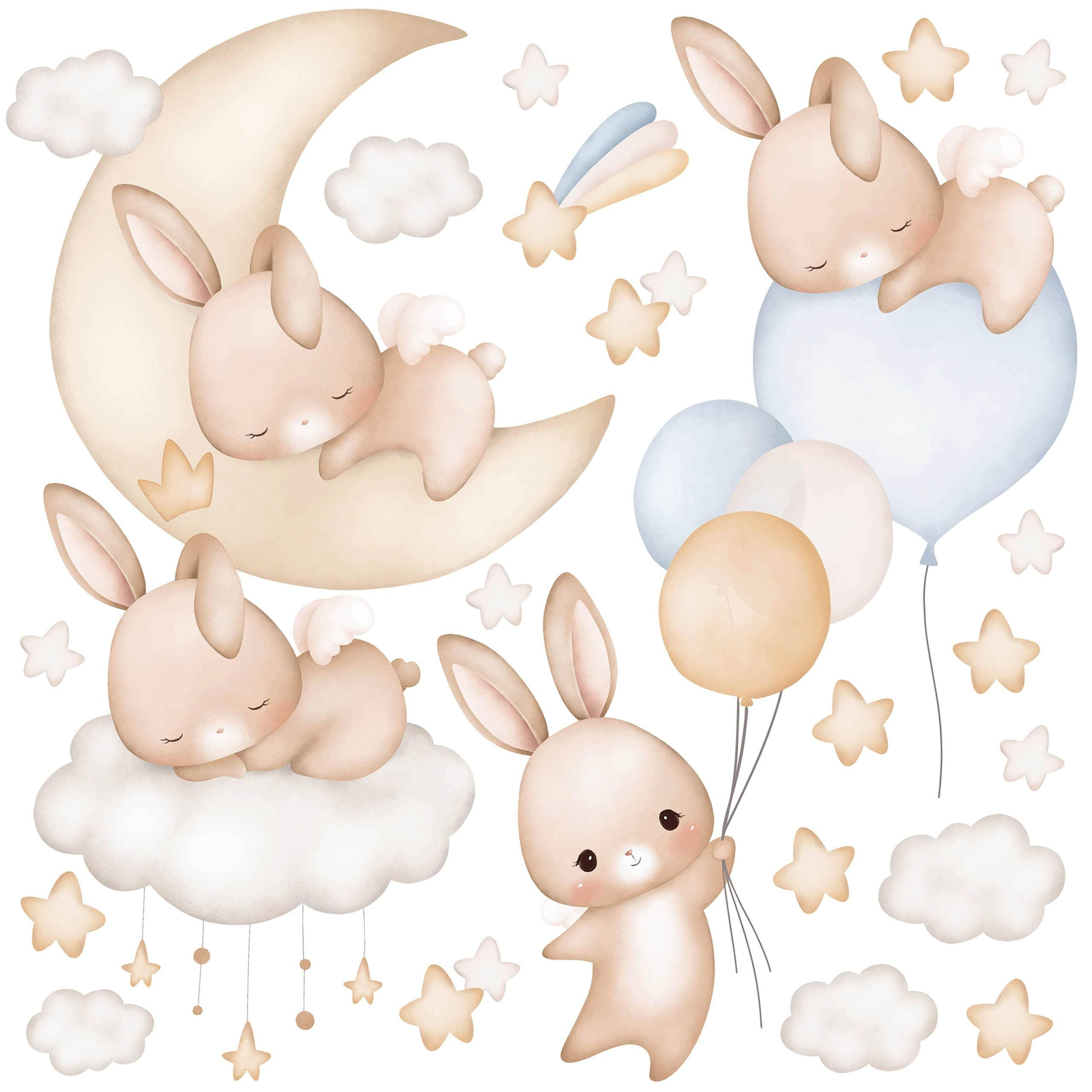 WANDSTICKER Kaninchen Wolken Sterne Ballons 60x30 - Gelb/Beige, Papier (60/30/1cm) - Muralo