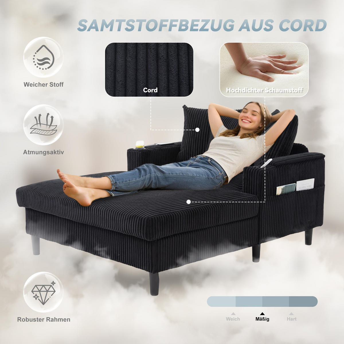 CHAISELONGUE Cord Schwarz mit LED, Stauraum, USB, Becherhaltern und Kissen - Schwarz, Kunststoff/Textil (129/70/170cm) - WISHDOR