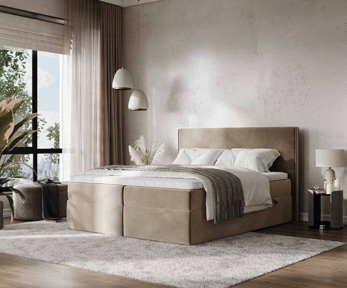 BOXBETT Nuvia 180/200 cm Taupe im Paros Stoff - Taupe/Schwarz, Holz/Holzwerkstoff (180/200cm) - AltaBeds