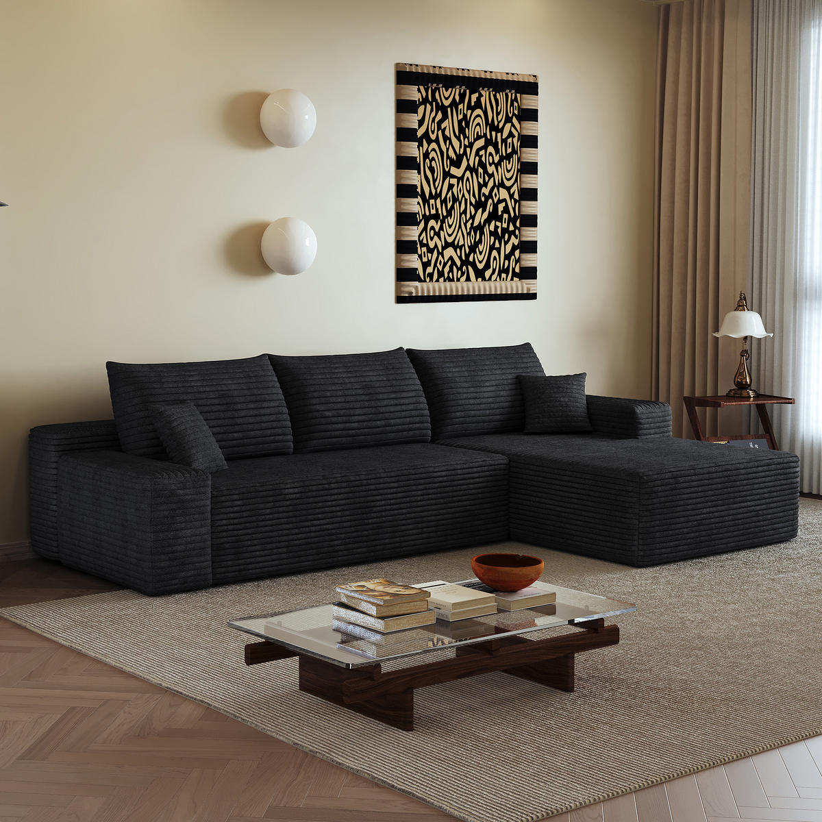 ECKSOFA 270/175/83 cm Schwarz Cord mit Chaiselongue, Rechte Seite - Schwarz, Textil (270/175cm) - Oxeza