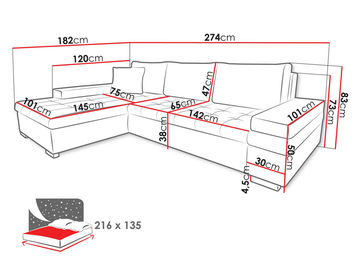 ECKSOFA Bangkok Mini - Silberfarben/Schwarz, Holz/Textil (274/182cm) - MIRJAN24
