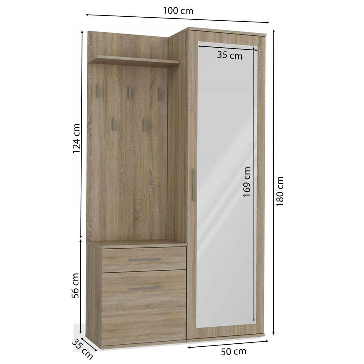 FLURMÖBEL-SET Duvio Eiche Sonoma - Silberfarben/Sonoma Eiche, Holzwerkstoff/Kunststoff (100/35/180cm) - Selsey