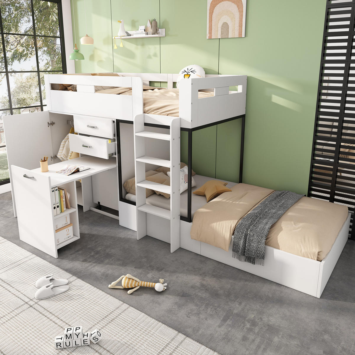 ETAGENBETT 90/200 cm in Weiß/Schwarz mit ausziehbarem Schreibtisch und Kleiderschrank - Weiß, Holzwerkstoff (90/200cm) - Flora Grace