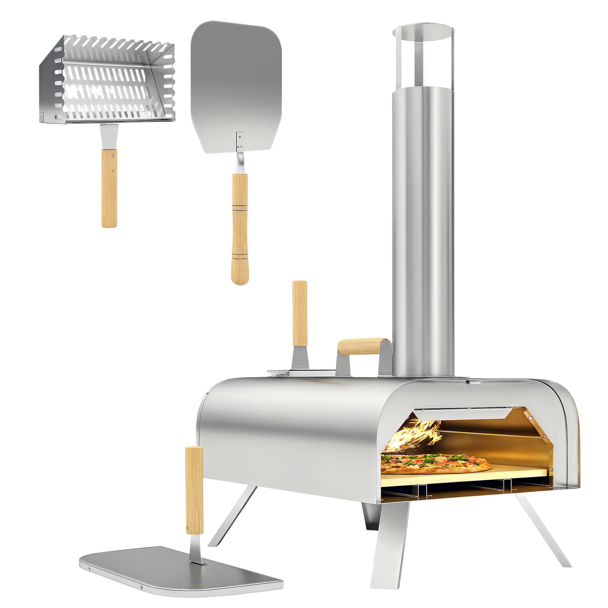 PIZZAOFEN DE-10051 mit Pizzastein und Schaufel Edelstahl - Silberfarben, Metall (36/75/79cm) - ComfortXL