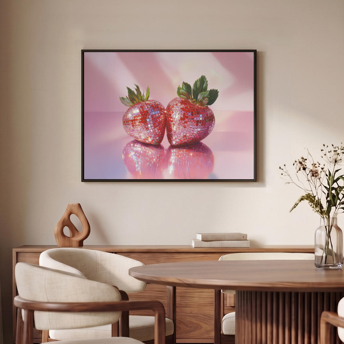 LEINWAND Bilder mit Rahmen - Disco - Obst - Glitzer - Erdbeere - 70x50 - Pink, Textil (70/50cm) - MuchoWow