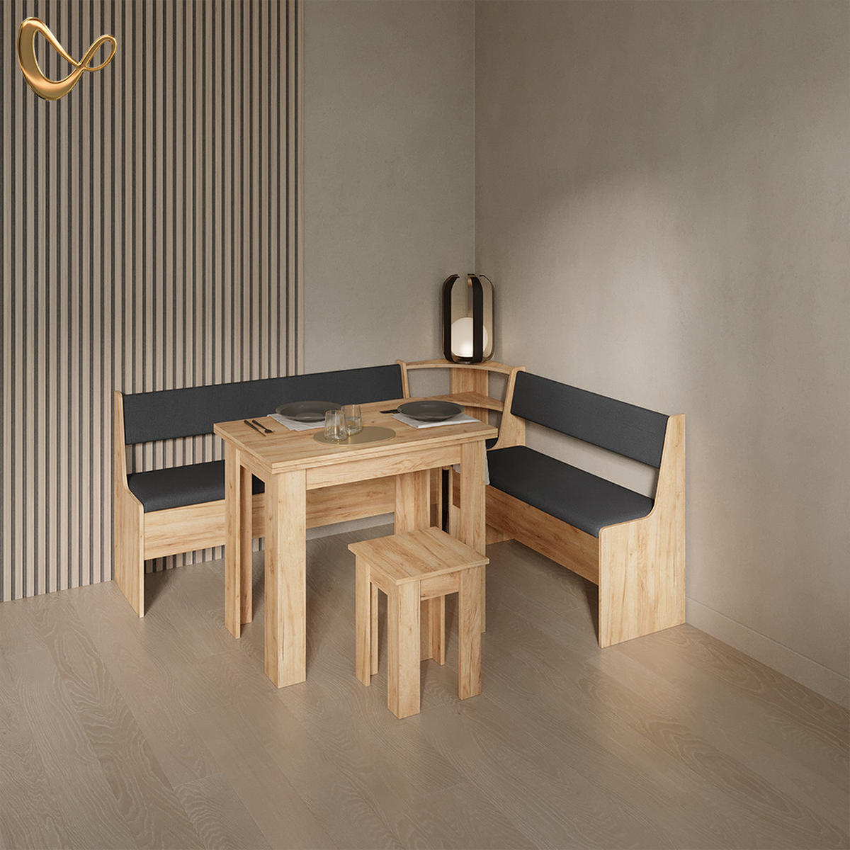 ECKBANKGRUPPE Tiberio Goldkraft Eiche 180 x 150 cm mit Tisch - Honigeiche, Holzwerkstoff (180/80/150cm) - Livinity®