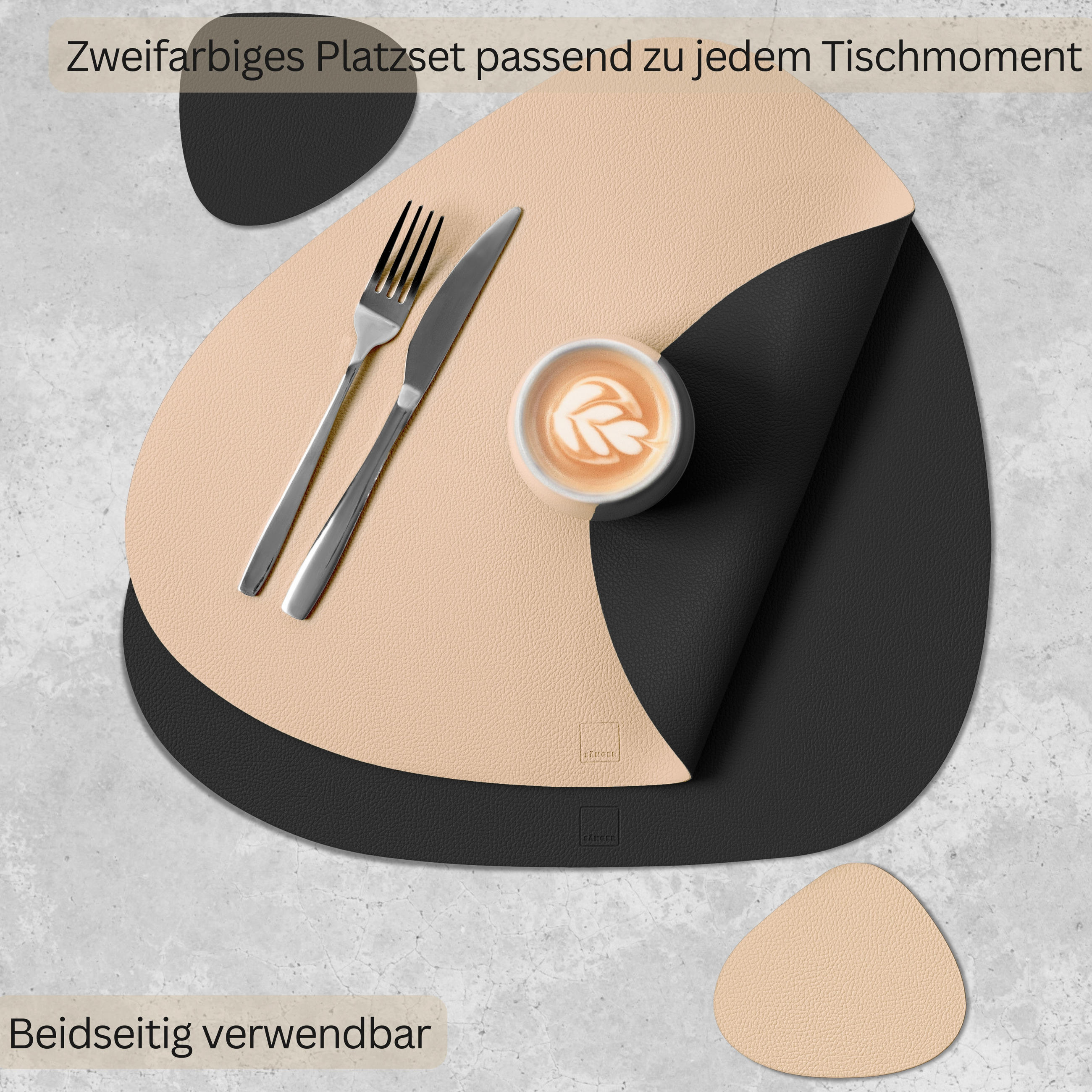 TISCHSET - Kunstleder - Doppelseitig - Schwarz/Beige - Organisch - 44x37cm - 12 Stück - Beige, Kunststoff (44/37cm) - Sänger