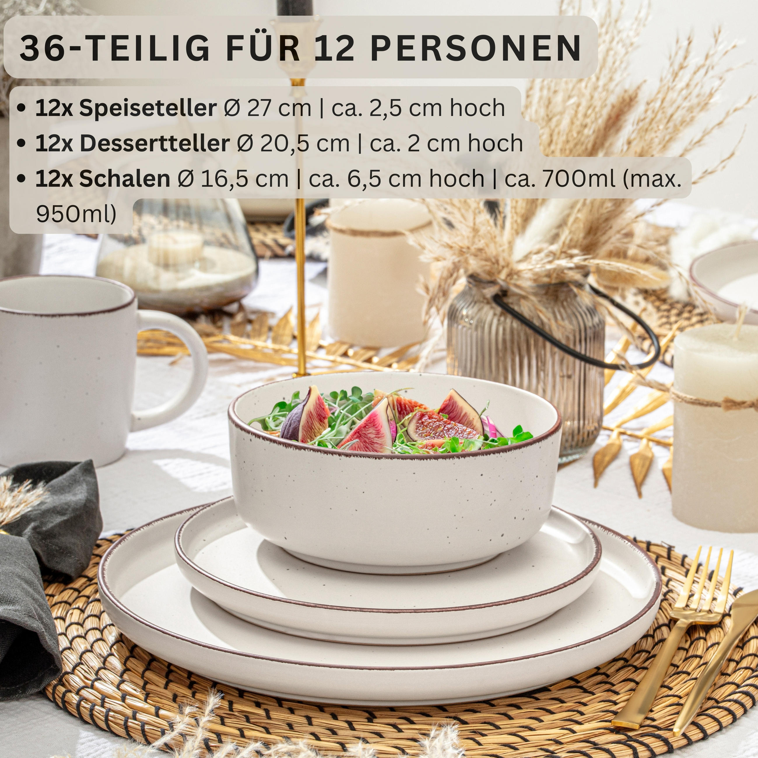 TAFELSERVICE BOMBAY IVORY - 36 teilig aus Steingut 12 Personen - Creme, Stein (50/30/80cm) - Sänger
