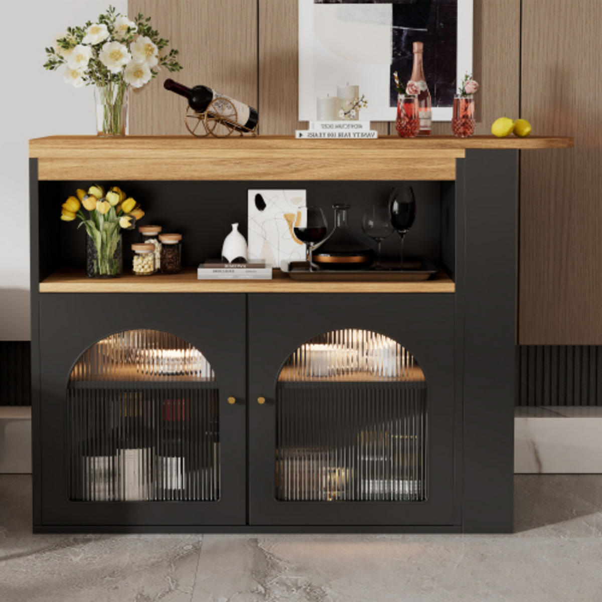BARTISCH mit LED Beleuchtung, drehbarem Bar-Schrank mit dreistufigem Stauraum, Glasfront und ausziehbarer Stehtischfunktion, schwarz - Schwarz, Holzwerkstoff (193/39/105cm) - Luhomfu