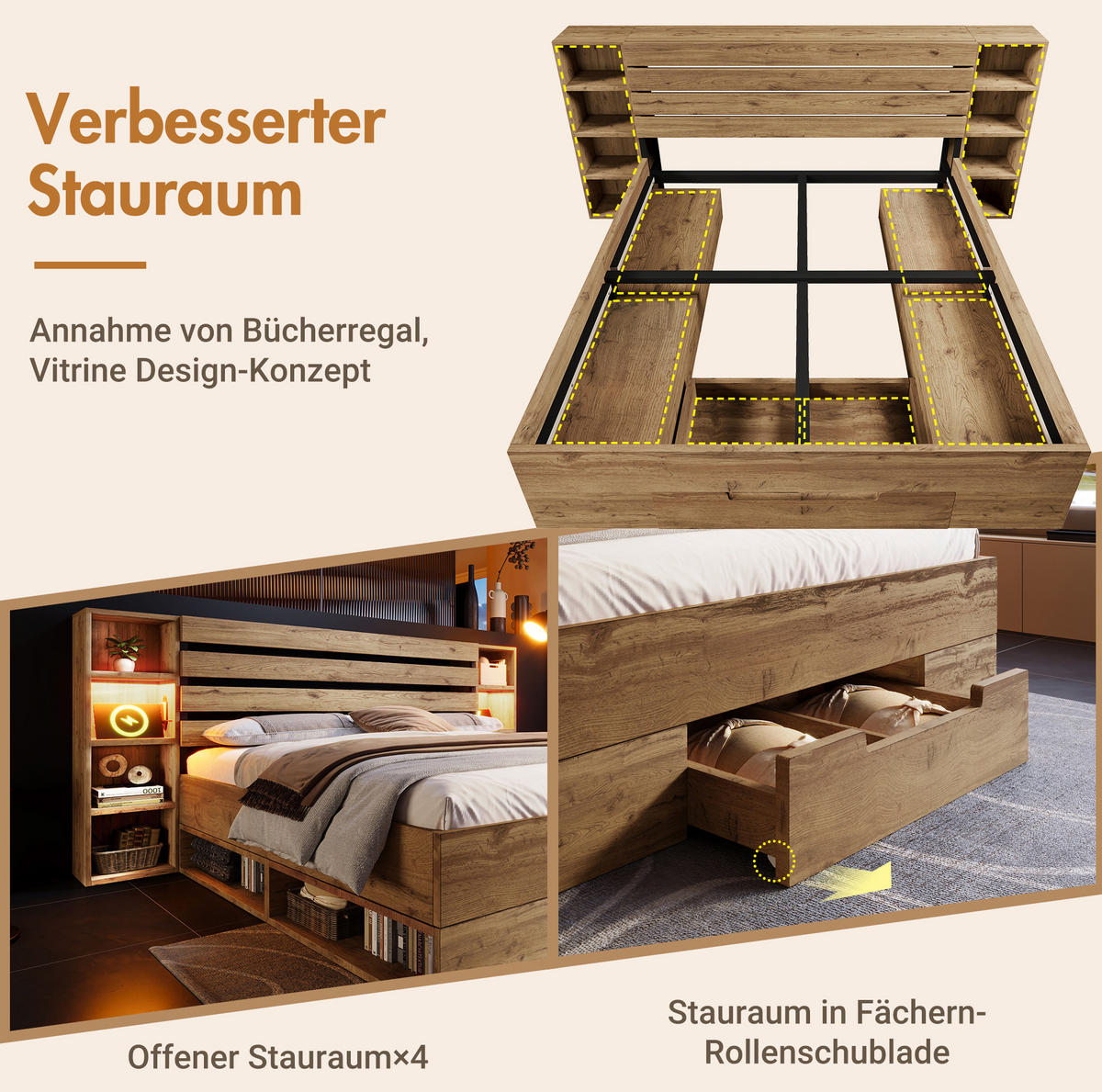 ČALOUNĚNÁ postel 252/218/90 cm, dřevo/kov, dubová s LED osvětlením a USB nabíjením - barva dubu, kov (180/200cm) - BEAOK