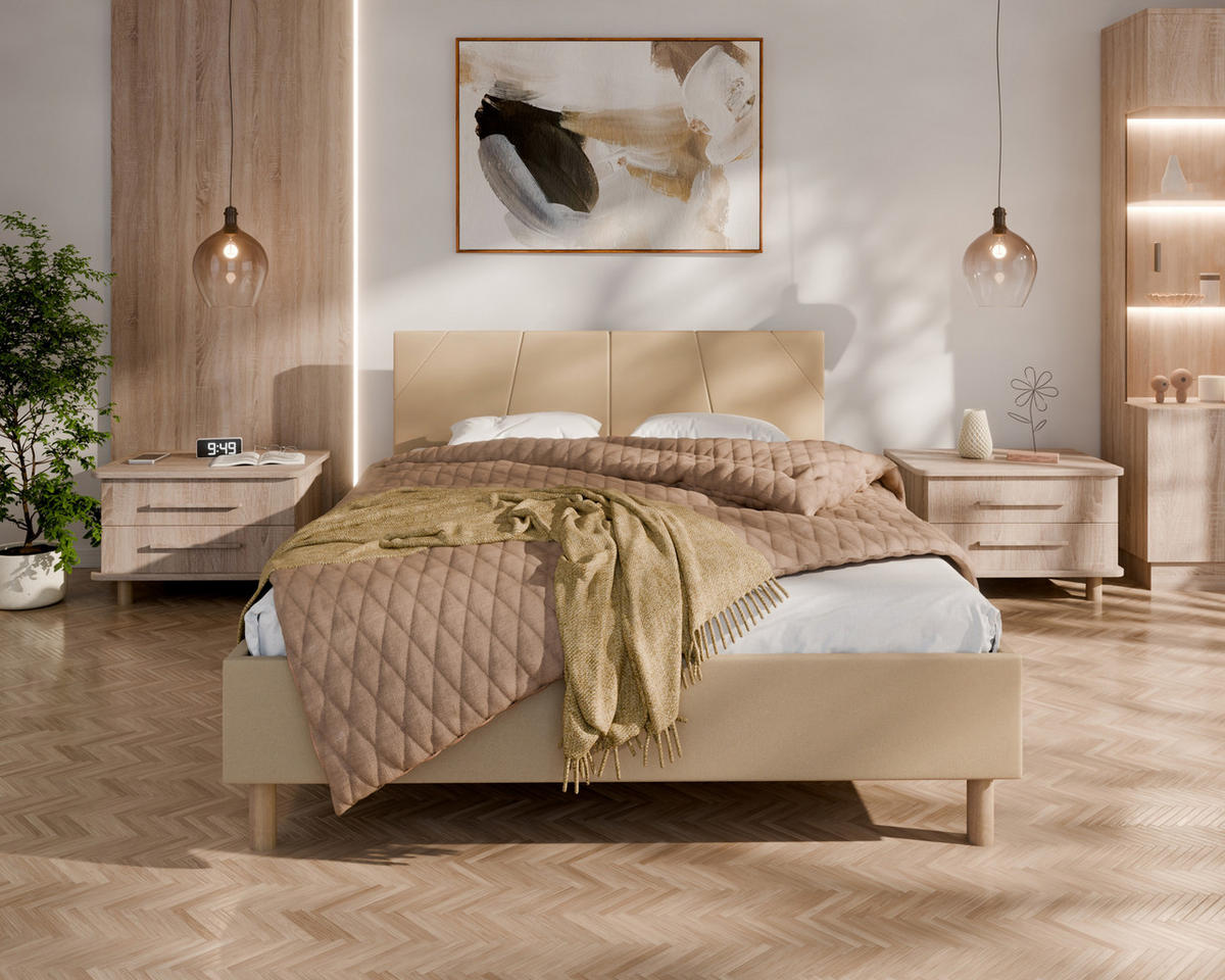 POLSTERBETT ALMORE 140x200cm, 7-Zonen-Taschenfederkernmatratze mit Kokos ARLAN (21 cm), Creme - Creme, Holz (140/200cm) - Homesy