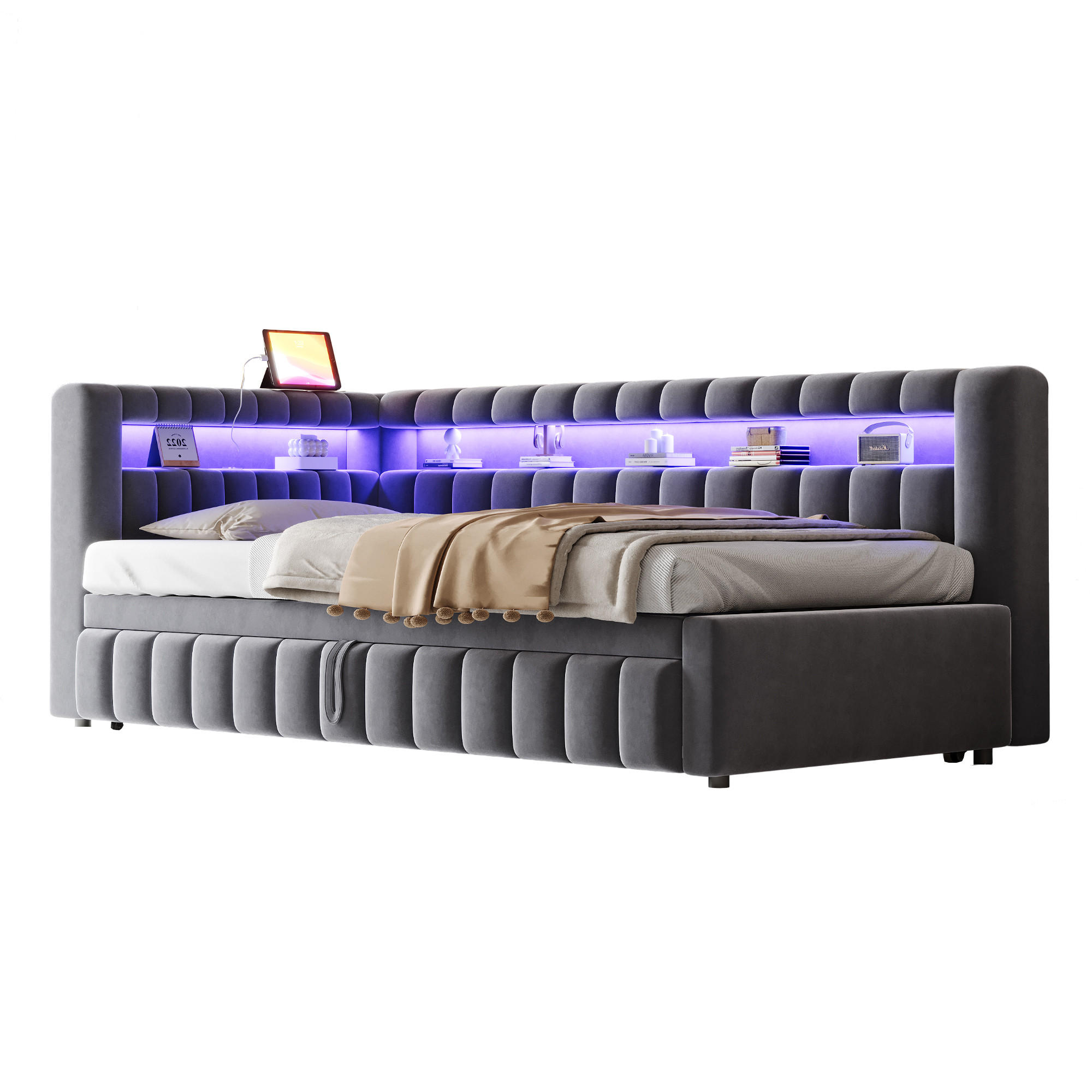 POLSTERBETT 90/200 mit Ausziehfunktion, LED-Beleuchtung und Kopfteilablagen mit USB und Type-C in Dunkelgrau - Grau, Holzwerkstoff/Textil (90/200cm) - EVRYAE