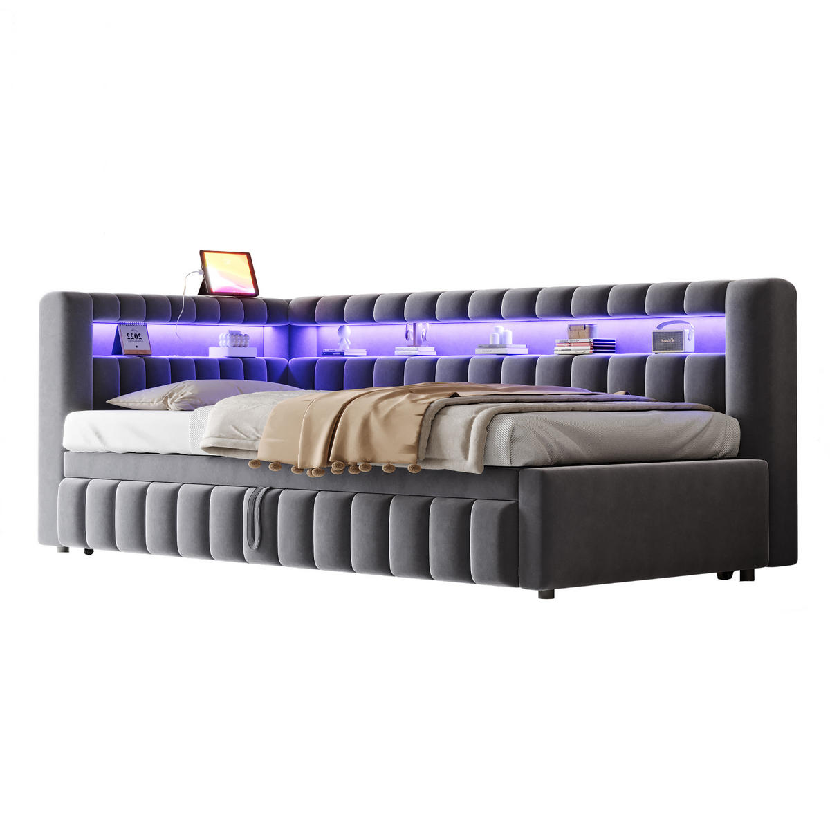 POLSTERBETT 90x200 Dunkelgrau Samt LED USB - Grau, Textil (90/200cm) - FLIEKS