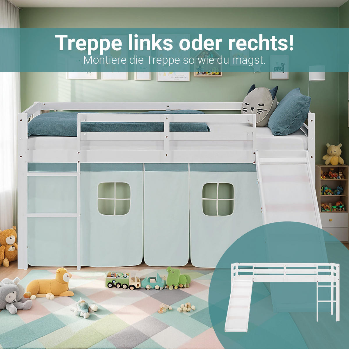 HOCHBETT 90/200 cm Weiß Rutsche Mint / Kiefer - Weiß/Mintgrün, Holz/Textil (90/200cm) - Homestyle4u