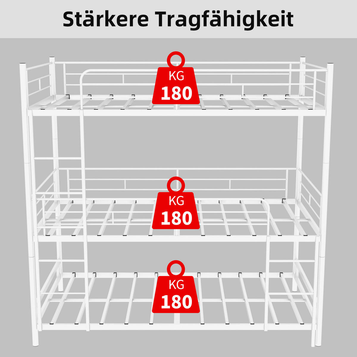 ETAGENBETT Dreifach-Etagenbett Metall - Weiß, Metall (90/190cm) - ComfortXL