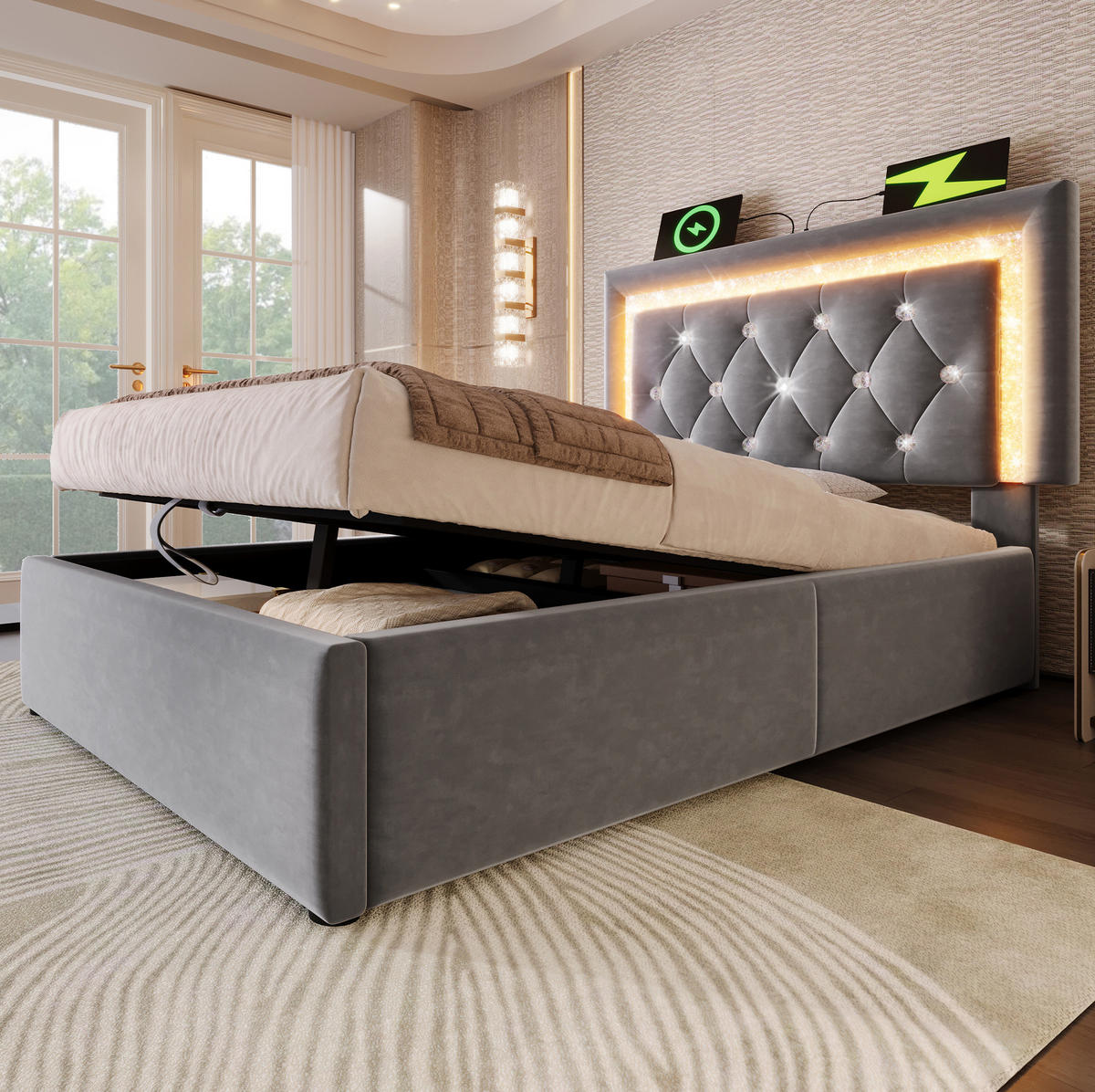 SAMT-POLSTERBETT 90/200 cm mit LED-Beleuchtung, Bettkasten und gepolstertem Kopfteil - Grau, Textil (90/200cm) - BEAOK