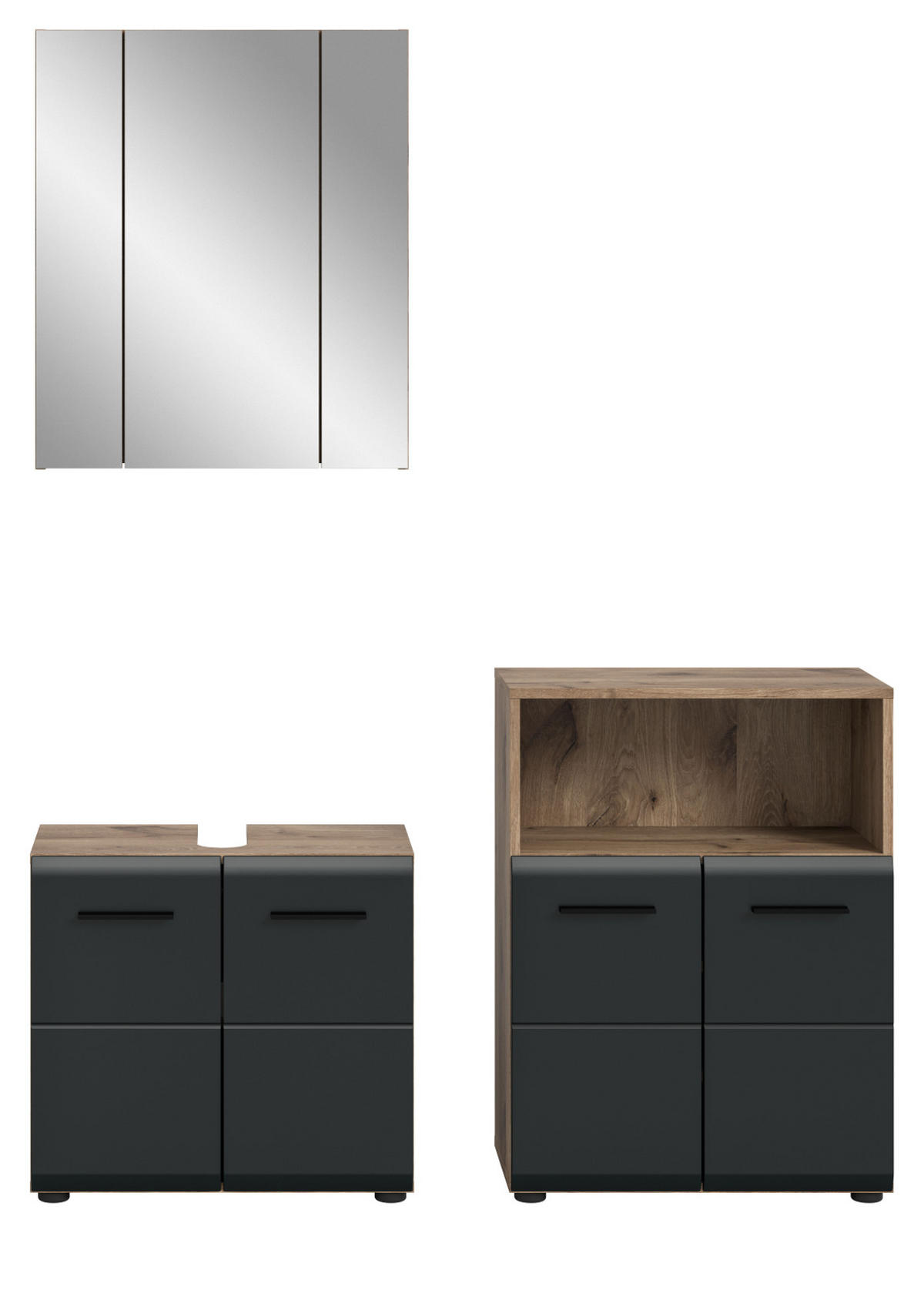 BADMÖBEL Set 3-teilig in schwarz matt und Nox Eiche Badkombination 135 x 185 cm Cover - Eichefarben/Schwarz, Glas/Holzwerkstoff (135/185/30cm) - Inn.Furn