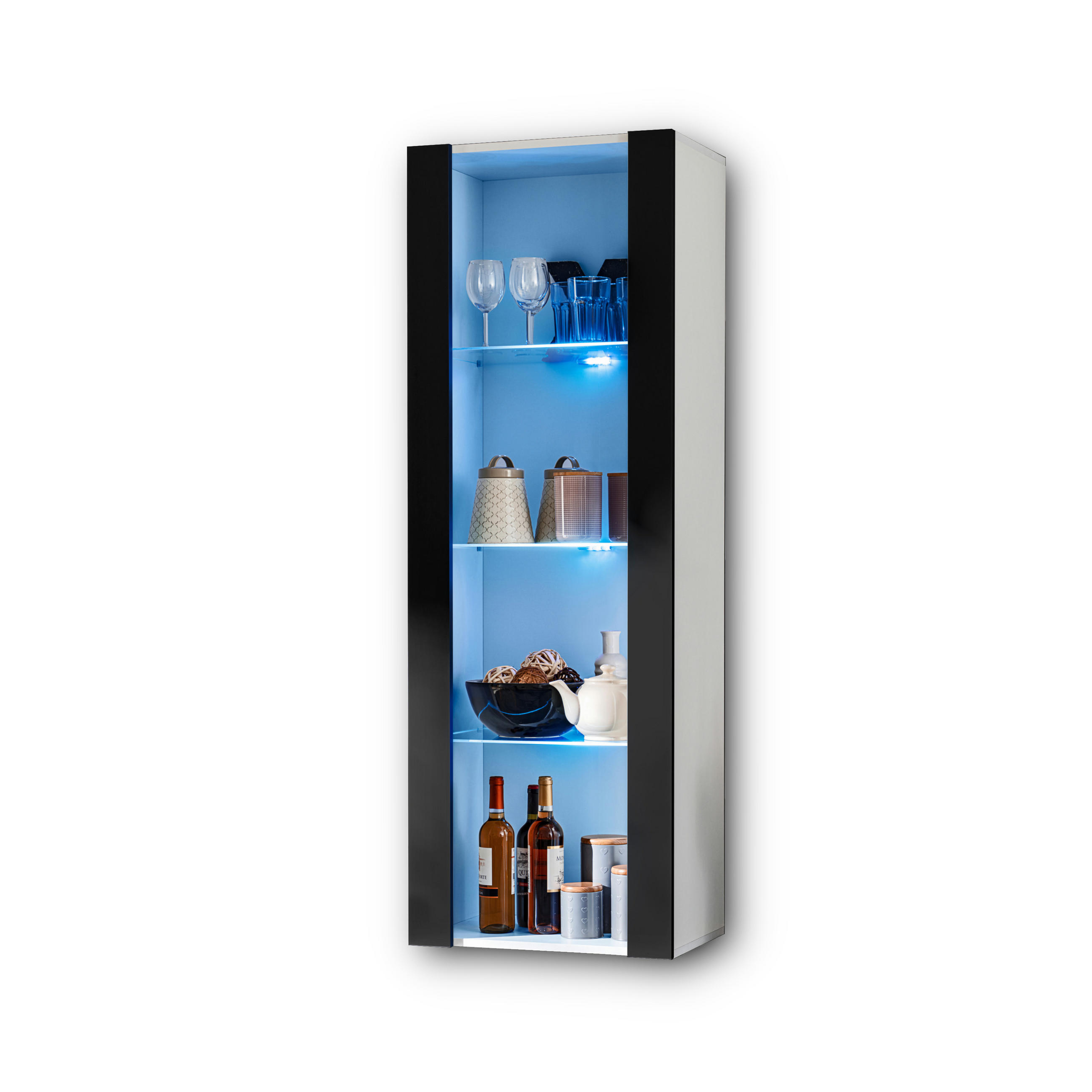 VITRINE TIVOLI, Weiß + Schwarz, LED Blau - Schwarz/Weiß, Glas/Holzwerkstoff (55/159/35cm) - Komodee