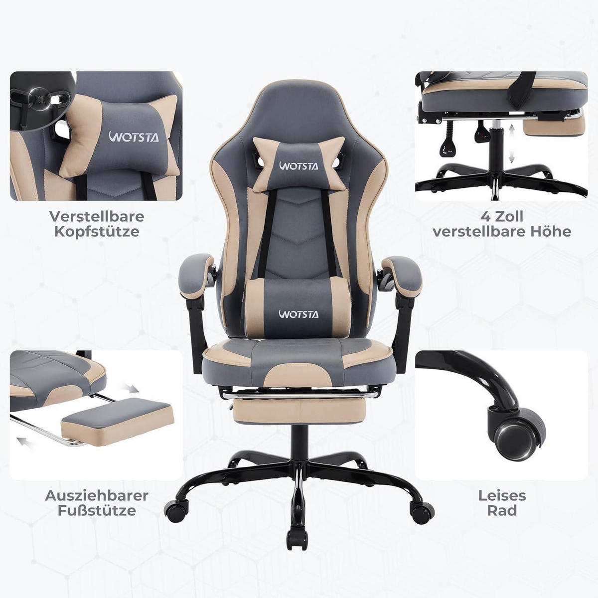 GAMING Chair Ergonomischer Bürostuhl mit Fußstütze BlauBeige - Multicolor, Kunststoff (48/125/53cm)