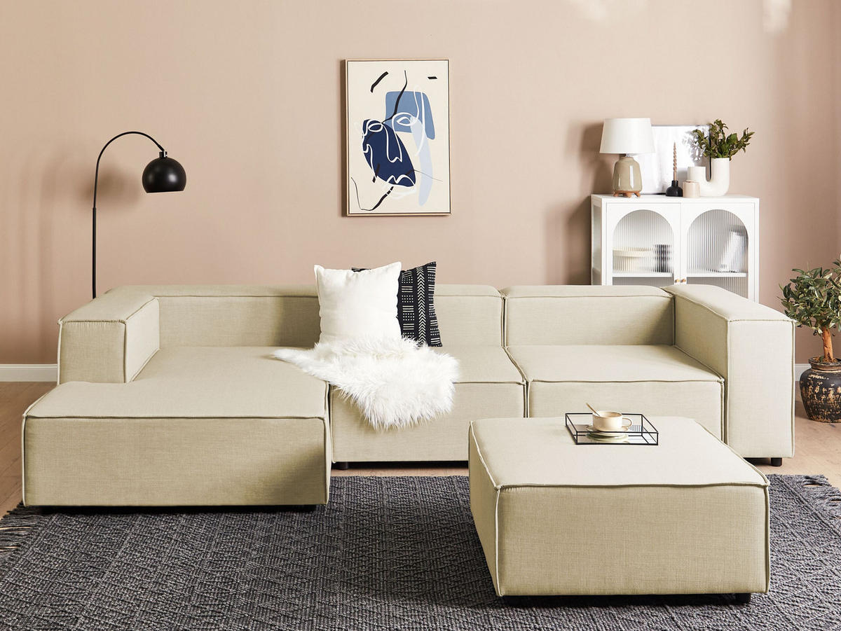 3-SITZER-ECKSOFA Leinen beige linksseitig mit Ottomane Aprica - Beige/Schwarz, Textil (326/180cm) - Beliani