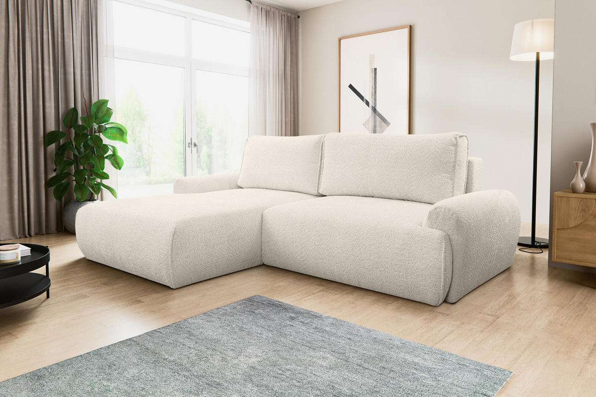 ECKSOFA Moon in L-Form mit Schlaffunktion und Bettkasten, Farbe: Beige, Bouclé-Stoff, Ottomane Links - Beige, Textil (136/260cm) - VENASI MÖBEL